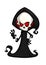 Vector illustration of cartoon death Halloween monster mascot isolated on dark background. Cute cartoon grim reaper.