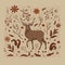 Vector illustration, a cartoon deer with long horns, on a square beige background with brown and orange flowers, leaves