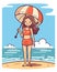 Vector Illustration, Cartoon Girl Character Playing on the Beach, Full Body