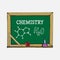 Vector Illustration with cartoon green blackboard, chalkboard with red apple, ruler and glass flask isolated on white. Doodle Chem