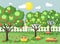 Vector illustration cartoon harvesting ripe fruit autumn orchard garden with plums, pears, apples trees, put crop in