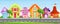 Vector illustration of cartoon houses in bright colors on sky background. Colorful lovely and funny buildings on street