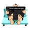 Vector illustration Cartoon man sitting on a bed in his hands a laptop. Bare feet stretched forward. Replica tablet, am I the