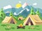 Vector illustration cartoon nature national park landscape three tents with backpack, bonfire, open fire snack