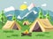 Vector illustration cartoon nature national park landscape with three tents camping hiking bonfire, open fire, bushes