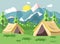 Vector illustration cartoon nature national park landscape with two tents camping hiking rules of survival bushes, lawn