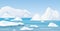 Vector illustration of cartoon nature winter arctic landscape with iceberg, blue pure water and snow hills, mountains.