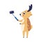 Vector illustration of cartoon reindeer doing selfie with smartphone and stick.