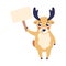 Vector illustration of cartoon reindeer holding blank nameplate in one hand up.
