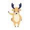 Vector illustration of cartoon reindeer standing and pointing or showing with index finger.