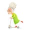 Vector illustration in cartoon style. An active elderly happy woman rides a scooter
