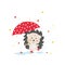 Vector illustration of cartoon style cute hedgehog under an umbrella in the rain