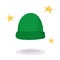 Vector illustration in cartoon style. Green cartoon winter hat with little stars. Fashion illustration, greeting card.