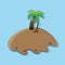 Vector illustration of cartoon treasure island with palm tree and shovel stuck in the ground on a blue background with shadow
