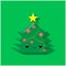 Vector illustration of a cartoon tree of green color with red balls and a garland, and a yellow five-pointed star on the crown on