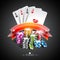 Vector illustration on a casino theme with color playing chips and poker cards on dark background