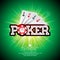 Vector illustration on a casino theme with playing cards and shiny poker caption on green background. Gambling design elements.