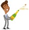 Vector illustration of celebrating asian cartoon businessman opening champagne bottle