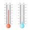 Vector illustration of celsius and fahrenheit meteorology thermometers measuring heat and cold on white background.