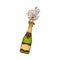 Vector illustration of champagne bottle with popping cork and explosion of golden alcohol fizzy drink.