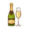 Vector illustration of champagne in close bottle and wineglass in sketch style.