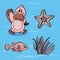 Vector illustration characters sea inhabitants platypus and mollusks with algae