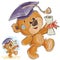 Vector illustration of a cheerful brown teddy bear in the graduation cap holding in his paw a university diploma