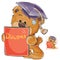 Vector illustration of a cheerful brown teddy bear in the graduation cap holding in his paws a university diploma