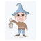 Vector illustration of a cheerful, fairy-tale dwarf, elf with a lantern.