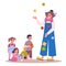 Vector illustration of child birthday party. Kids watching a clown juggling.