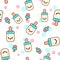 Vector illustration of the childish bottles with the funny faces seamless pattern. Trendy Kawaii emoticons for print on