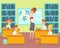 Vector illustration children in classroom with teacher. Female teacher teaches students in elementary school, happy