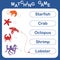 Vector illustration with a children`s educational game with underwater sea inhabitants.