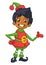 Vector illustration of Christmas afro-american or arab boy elf cartoon. Cute Happy Dwarf Santa Helper Presenting.