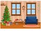 Vector illustration of Christmas living room with Christmas tree  gifts  sofa  table with treats and snow-covered window
