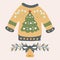 Vector illustration with christmas sweater, flower wreath and bells