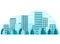 Vector illustration of a city. Image of buildings in daylight. Panorama of the town with trees, windows, houses in blue. For