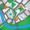 Vector illustration. City map top view with roads, colourful cars and orange navigation pin. Can used for web banners