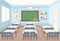 Vector illustration of classroom in school. Empty Interior of class with board and desks for children in flat cartoon