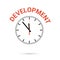 Vector illustration of clock icon. Red arrow points to word DEVELOPMENT. Conceptual icon