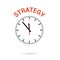 Vector illustration of clock icon. Red arrow points to word STRATEGY. Conceptual icon