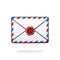 Vector illustration. Closed mail white envelope with red and blue stripes and red wax seal. Not read incoming message