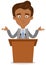 Vector illustration of a clueless asian cartoon businessman standing behind high desk on podium