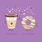Vector illustration of coffee to go cup and a creamy donut with chocolate.