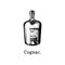 Vector illustration of Cognac bottle. Hand drawn sketch of alcoholic beverage for cafe, bar label,restaurant menu.