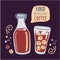Vector illustration Cold brew coffee with a brewing bottle and glass of iced coffee with ice cubes.