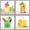 Vector illustration with a collection of eco-friendly fabric bags with vegetables, fruits and herbs. Woman lifestyle with zero