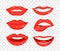 Vector illustration collection of red lips on transparent background. Beautiful women mouth in different positions in