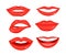 Vector Illustration collection of red lips with white teeth, different positions and emotions of women mouth on white