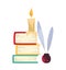 Vector illustration of color books, candle and writing feathers pen.